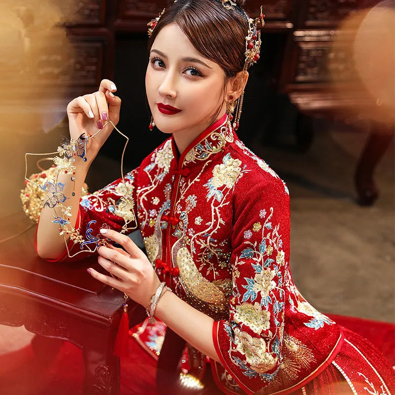 Traditional Chinese Wedding Dress Oriental Style Dresses China Clothing Size 6XL 2020 Modern Cheongsam Red Qipao Long