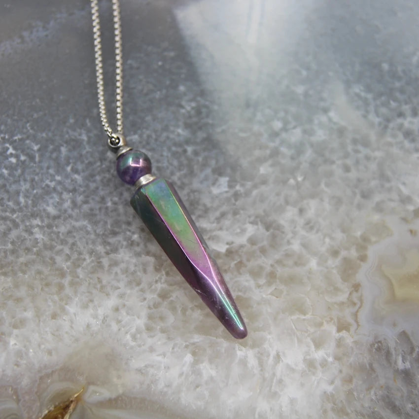 New! Rainbow Aura Titanium Raw Crystal Point Perfume Bottle Necklace Pendants,AB Quartz Essential Oil Diffuser Vial Charms Chain - AMULET RING STORE