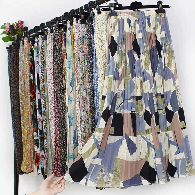 Women Summer Boho Chiffon Long Skirt Elegant Floral Print Pleated Skirts Elastic High Waist Casual Midi Skirt Women Clothes 2021