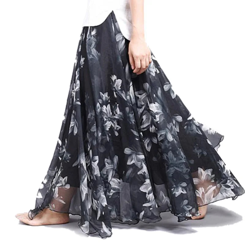 New Fashion 2025 Women's BOHO Elegant Florals Print Chiffon Long Skirt Ladies Slim High-Waist Elastic Waist Pleated Skirts SK15