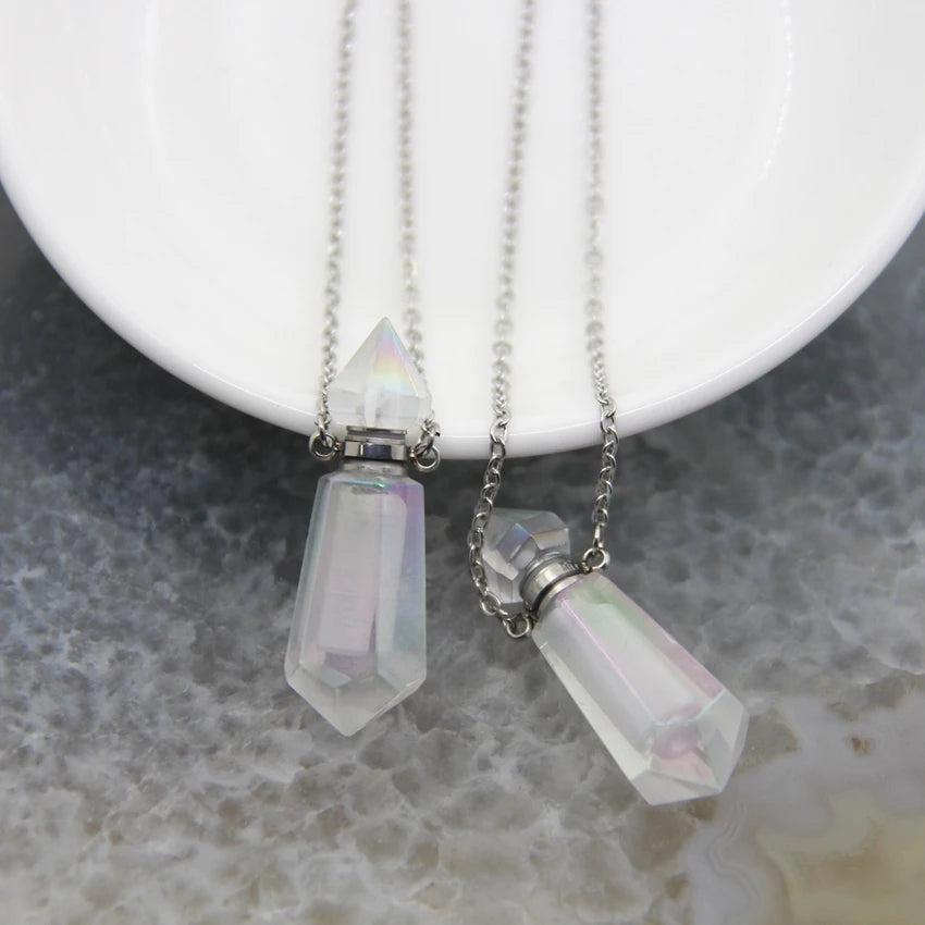 5 Shape Stainless steel Chains Rainbow Aura Crystal Perfume Bottle Pendant Necklace,AB Quartz Essential Oil Diffuser Vial Charms - AMULET RING STORE