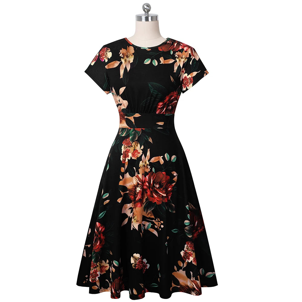 Nice-forever Vintage Elegant Floral Print Pleated Round neck vestidos A-Line Pinup Business Party Women Flare Swing Dress A102