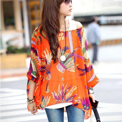 Summer Blouse Shirt 2021 New Fashion Women Casual Chiffon Blouses Tops Plus Size 4XL 5XL 6XL Batwing Sleeve Women's Shirts - AMULET RING STORE