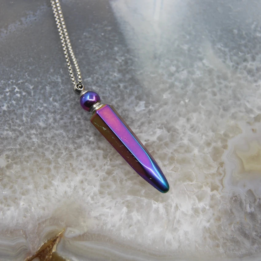 New! Rainbow Aura Titanium Raw Crystal Point Perfume Bottle Necklace Pendants,AB Quartz Essential Oil Diffuser Vial Charms Chain - AMULET RING STORE