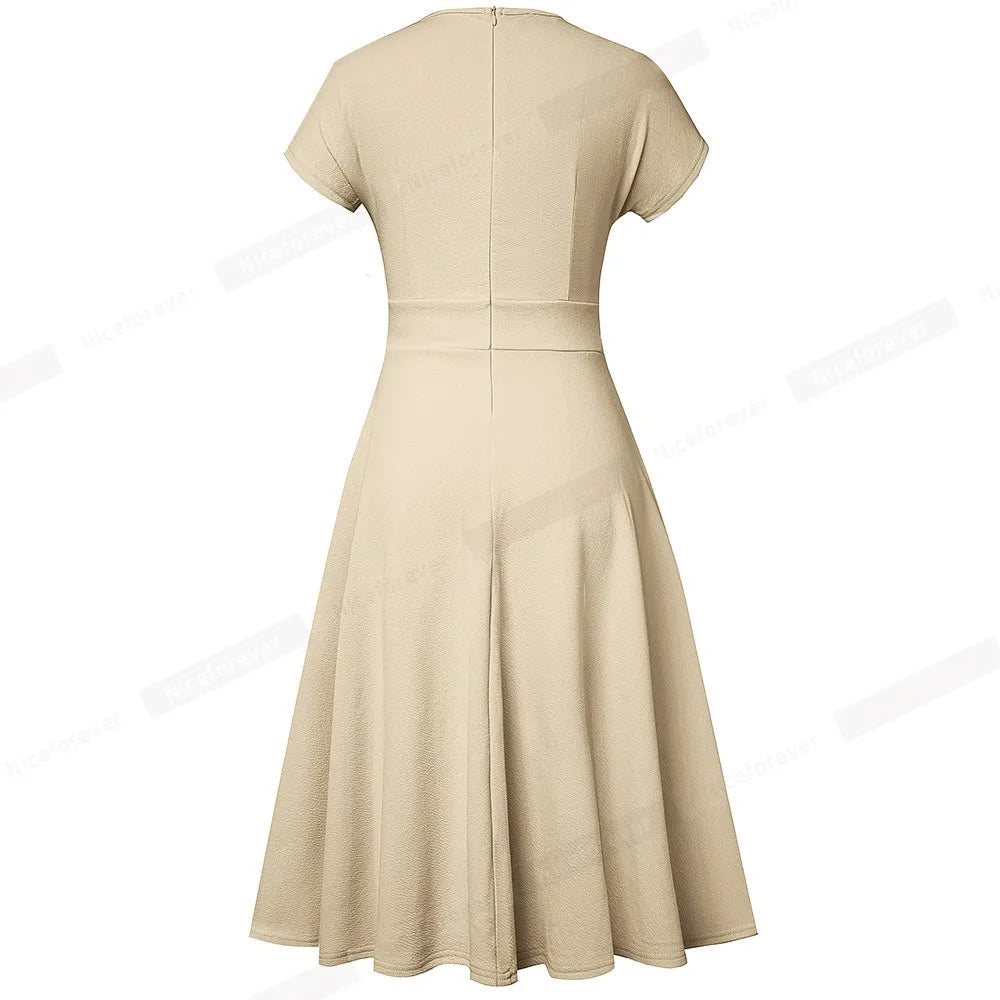 Nice-forever Vintage Elegant Floral Print Pleated Round neck vestidos A-Line Pinup Business Party Women Flare Swing Dress A102