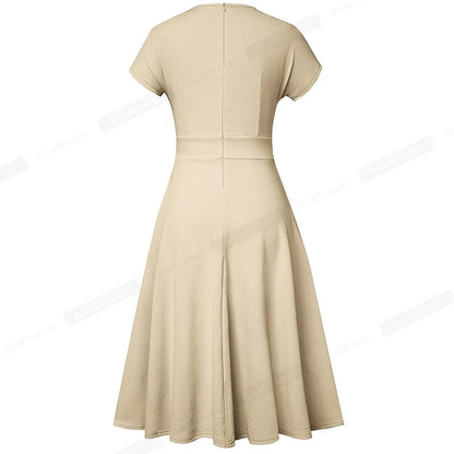 Nice-forever Vintage Elegant Floral Print Pleated Round neck vestidos A-Line Pinup Business Party Women Flare Swing Dress A102