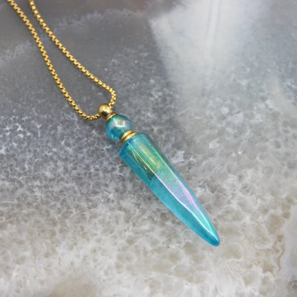 New! Rainbow Aura Titanium Raw Crystal Point Perfume Bottle Necklace Pendants,AB Quartz Essential Oil Diffuser Vial Charms Chain - AMULET RING STORE