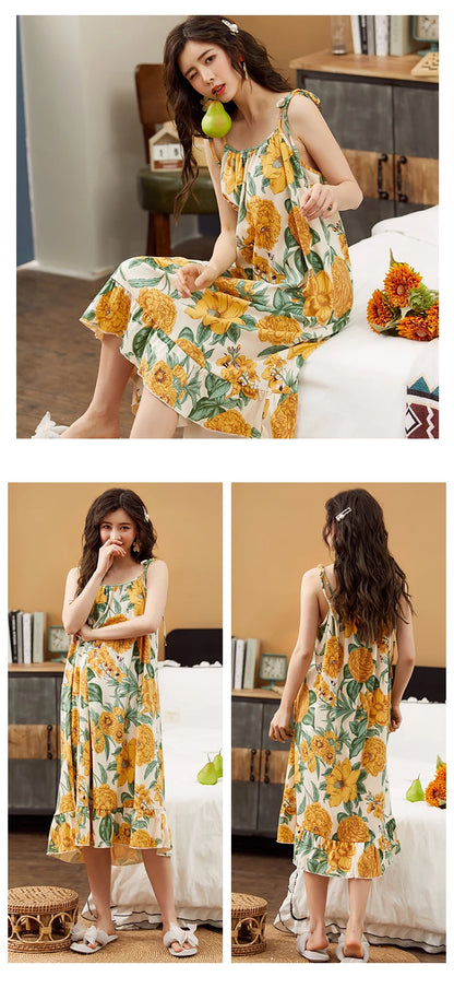 Women Nightgowns Cotton Night Dress Sexy Spaghetti Strap V-Neck Casual Home Dress Night Shirt Floral Print Sleepwear Nightwear - AMULET RING STORE