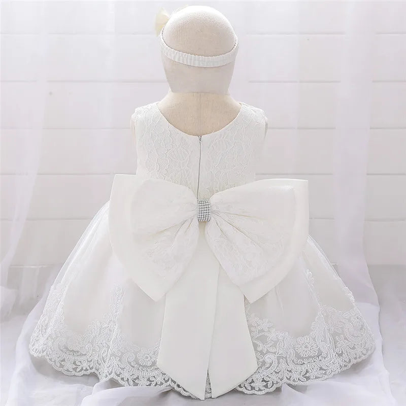 Newborn Long Sleeve Baby Girl Dresses Party Wedding Girl Lace Big Bow Dresses Infant Girl 1st Birthday Princess Baptism Dress