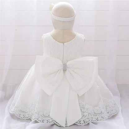 Newborn Long Sleeve Baby Girl Dresses Party Wedding Girl Lace Big Bow Dresses Infant Girl 1st Birthday Princess Baptism Dress