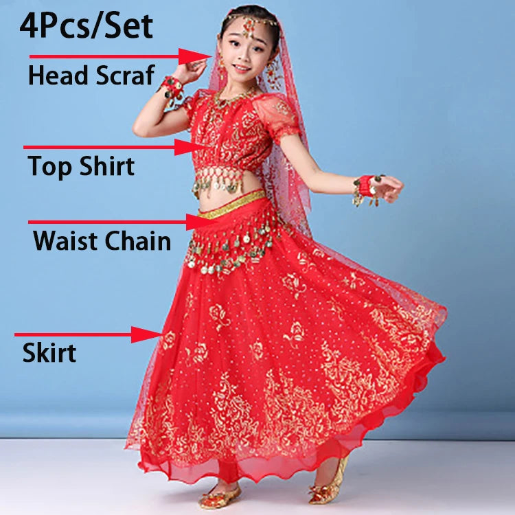 Children Indian Belly Dance Costume Girl Dress Bollywood Belly Dance 4Pcs/Set Performance Kids With Coins Accessories