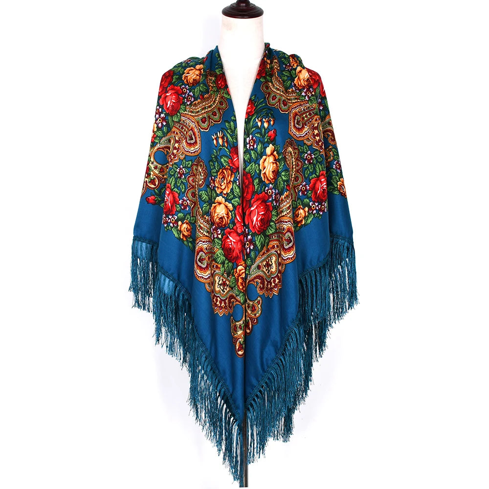 Russian Scarf Head Wrap for Women Luxury Ukrainian Manila Shawls Folk Cotton 160cm National Shawl Floral Print Travel Bandana - AMULET RING STORE