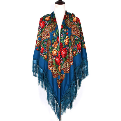 Russian Scarf Head Wrap for Women Luxury Ukrainian Manila Shawls Folk Cotton 160cm National Shawl Floral Print Travel Bandana - AMULET RING STORE