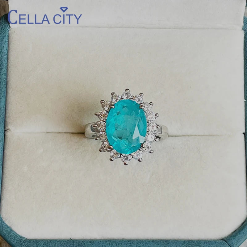 Cellacityi Luxury Paraiba Tourmaline Ring  Sterling Silver Oval shape Finger Rings for Women Sterling Silver Fine Jewelry