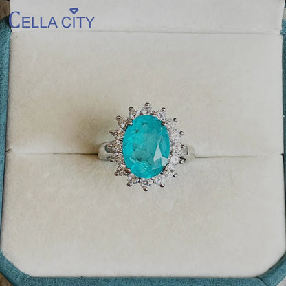 Cellacityi Luxury Paraiba Tourmaline Ring  Sterling Silver Oval shape Finger Rings for Women Sterling Silver Fine Jewelry