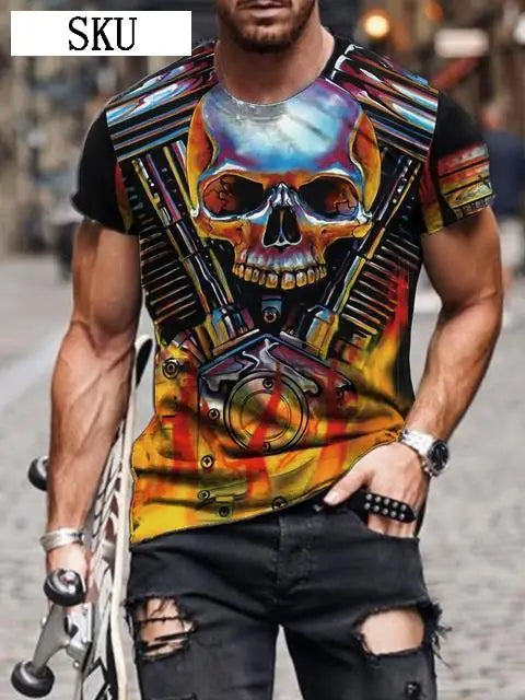 Personality 3D Printing Men's T-Shirt Skull Pattern for Men Demon Streetwear Handsome O-Neck Short Sleeves Casual Tshirt Top Tee - AMULET RING STORE