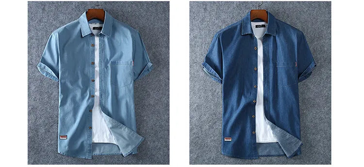 Men's Blue Denim Shirts Short Sleeve Jean Shirts New Summer High Quality Men Cotton Light Blue Denim Shirts Plus size L-8XL