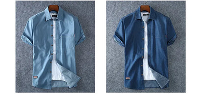 Men's Blue Denim Shirts Short Sleeve Jean Shirts New Summer High Quality Men Cotton Light Blue Denim Shirts Plus size L-8XL
