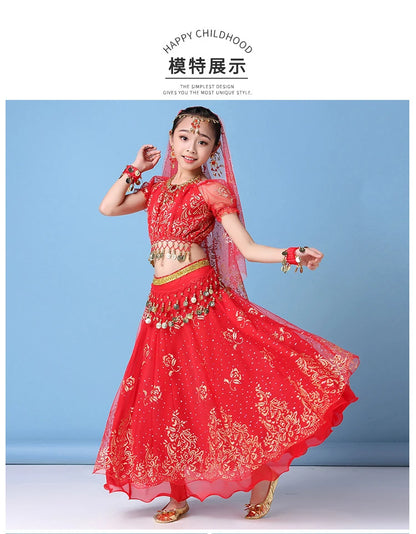 Children Indian Belly Dance Costume Girl Dress Bollywood Belly Dance 4Pcs/Set Performance Kids With Coins Accessories