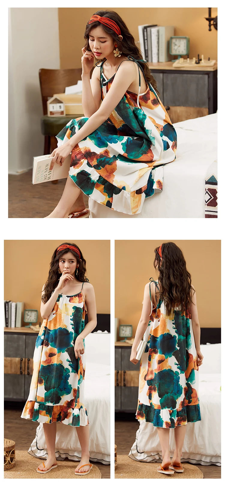 Women Nightgowns Cotton Night Dress Sexy Spaghetti Strap V-Neck Casual Home Dress Night Shirt Floral Print Sleepwear Nightwear - AMULET RING STORE