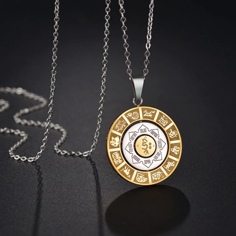 Stainless Steel Rotatable Chinese Zodiac Palaces Bagua Pendant Necklace