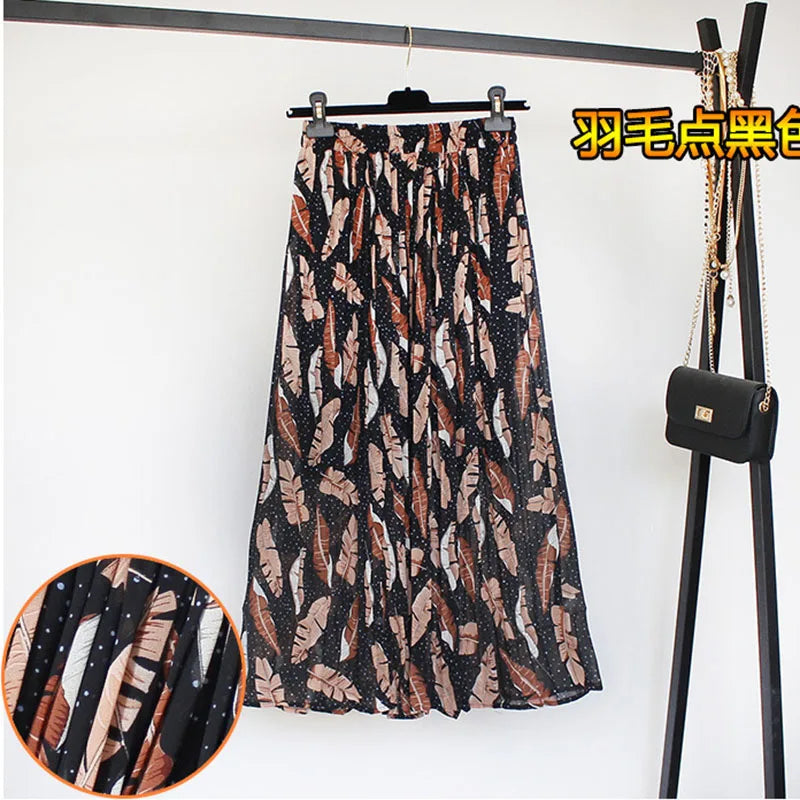 Women Summer Boho Chiffon Long Skirt Elegant Floral Print Pleated Skirts Elastic High Waist Casual Midi Skirt Women Clothes 2021