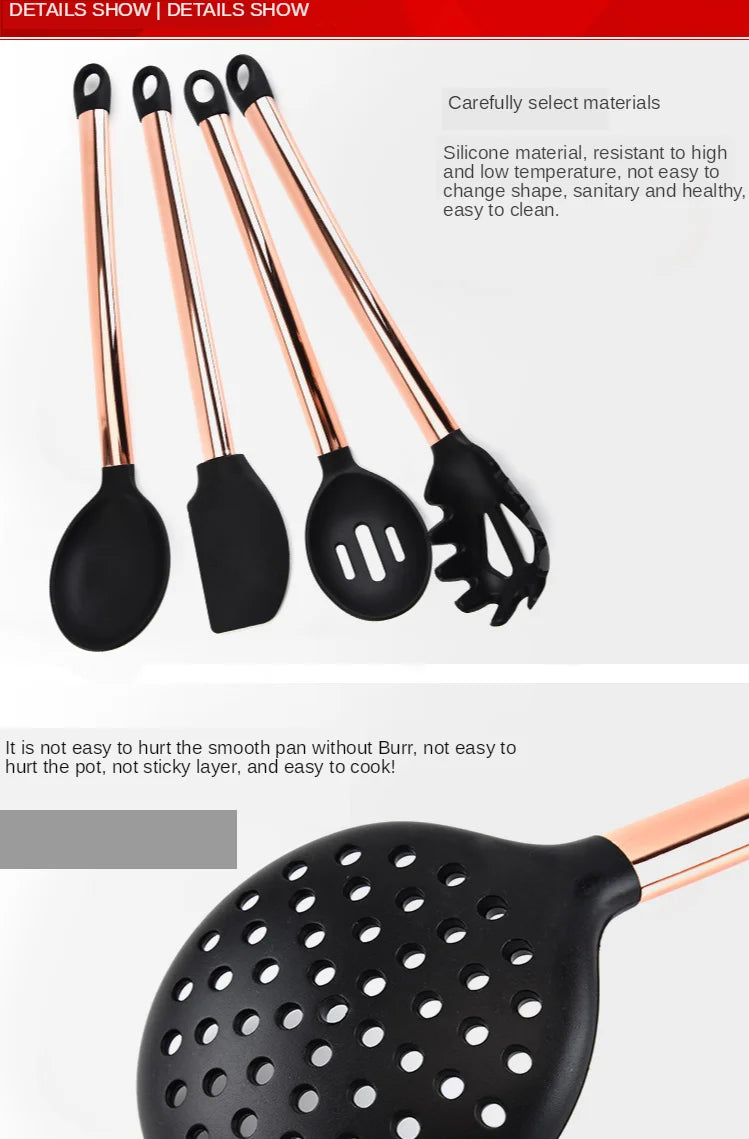 Silicone Kitchenware Large Colander Spatula Soup Spoon Rose Gold Stainless Steel Non-stick Home Kitchen Supplies Cooking Tools