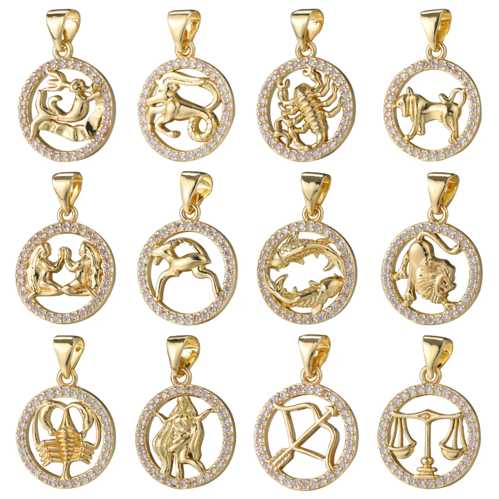 Juya DIY Imitation Pearl Shell 18K Gold Plated 12 Zodiac Charms For Handmade Fashion Birthstone Season Pendants Jewelry Making