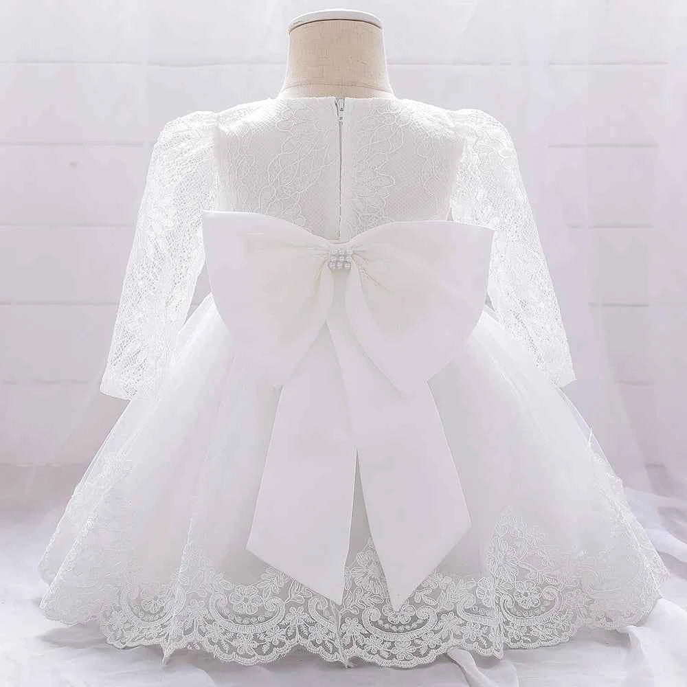Newborn Long Sleeve Baby Girl Dresses Party Wedding Girl Lace Big Bow Dresses Infant Girl 1st Birthday Princess Baptism Dress