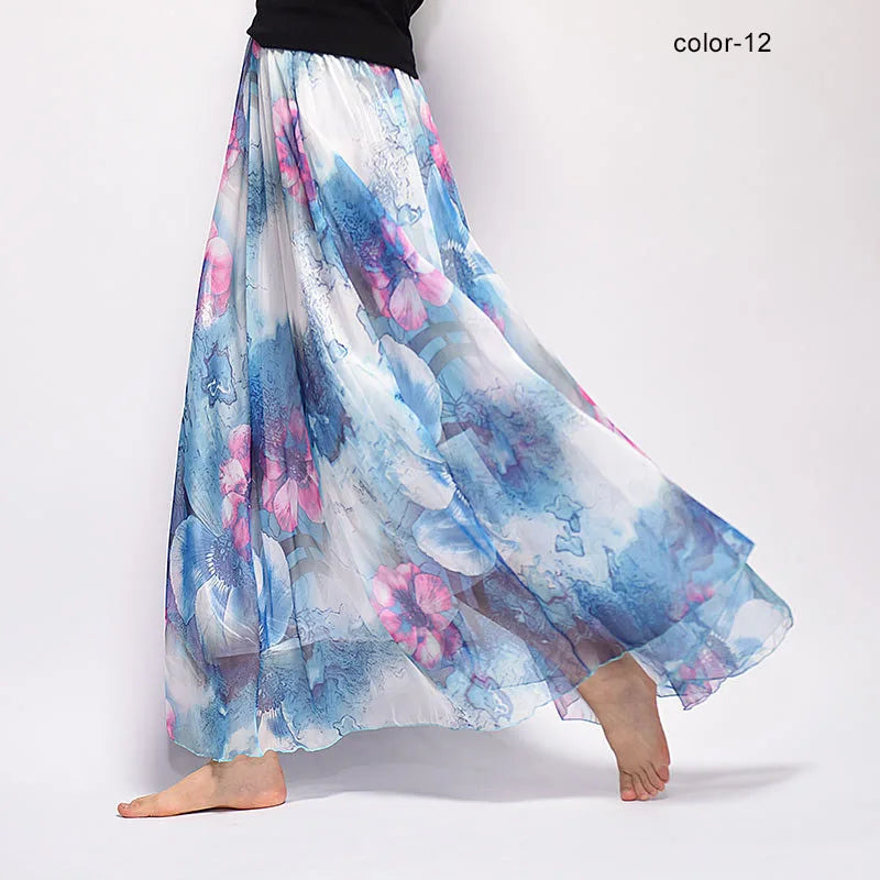 New Fashion 2025 Women's BOHO Elegant Florals Print Chiffon Long Skirt Ladies Slim High-Waist Elastic Waist Pleated Skirts SK15