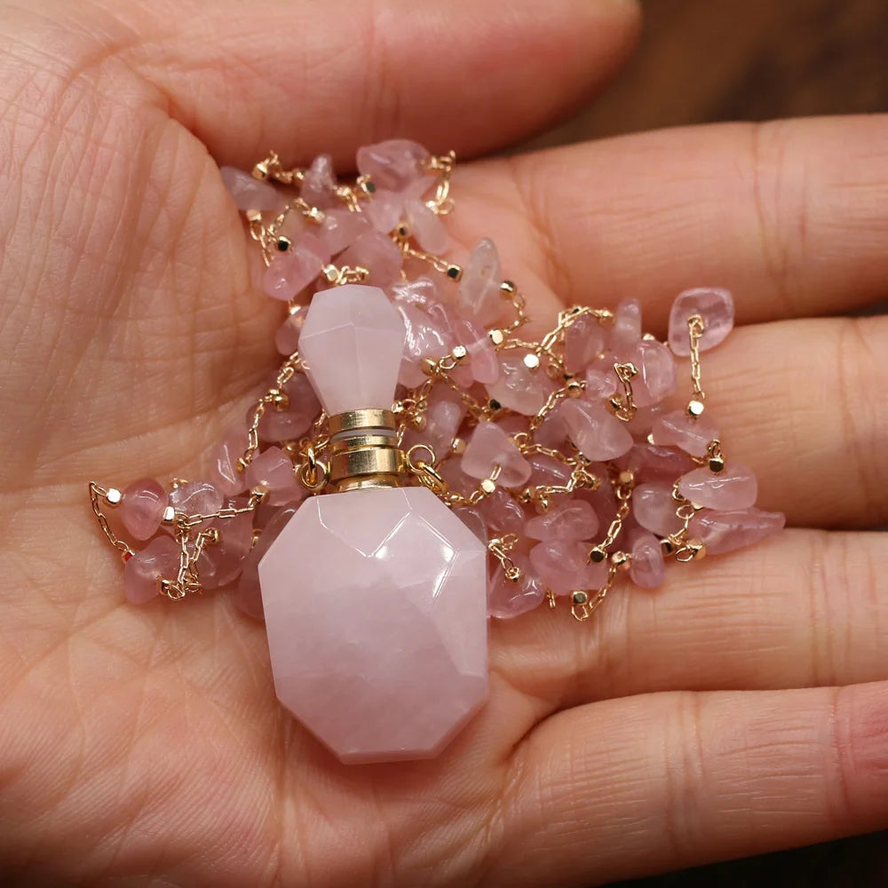 Natural Stone Perfume Bottle Necklace Pink Quartz Pendant Charms For Elegant Women Love Romantic Gift 60 CM - AMULET RING STORE