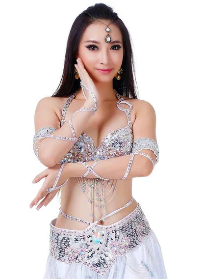 Women Sexy Belly Dance Beaded Top Bra & Belt 2pieces Belly Dance Costume Outfit Set Female Bollytwood Dance Costume 11 Colors