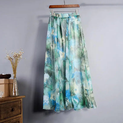New Fashion 2025 Women's BOHO Elegant Florals Print Chiffon Long Skirt Ladies Slim High-Waist Elastic Waist Pleated Skirts SK15