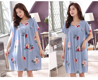 Women summer cotton nightgowns short-sleeved Korean loose big yards 4XL fit 100 kg nightshirt female floral print night dress