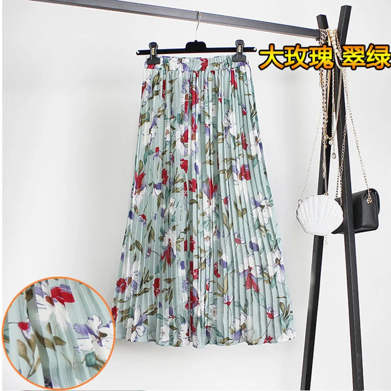Women Summer Boho Chiffon Long Skirt Elegant Floral Print Pleated Skirts Elastic High Waist Casual Midi Skirt Women Clothes 2021