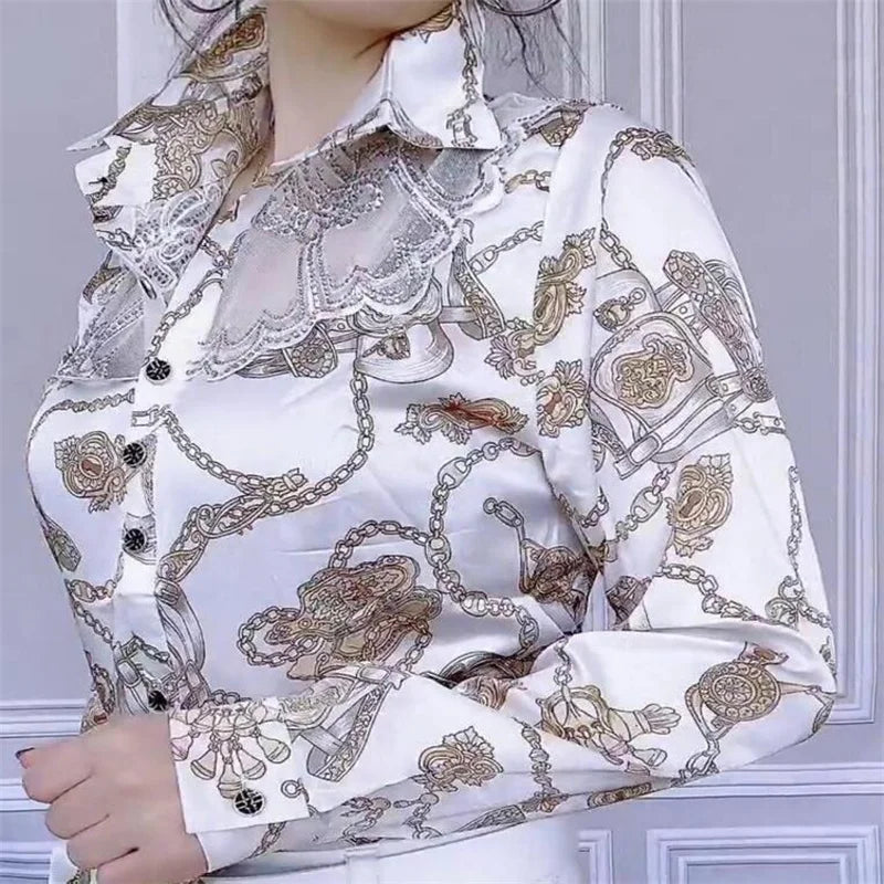 Trendy Streetwear Offce Women Blouses Hot drill Mesh Chiffon Shirts Long sleeve Lapel Buttons Female Blusas Tops Casual Shirts