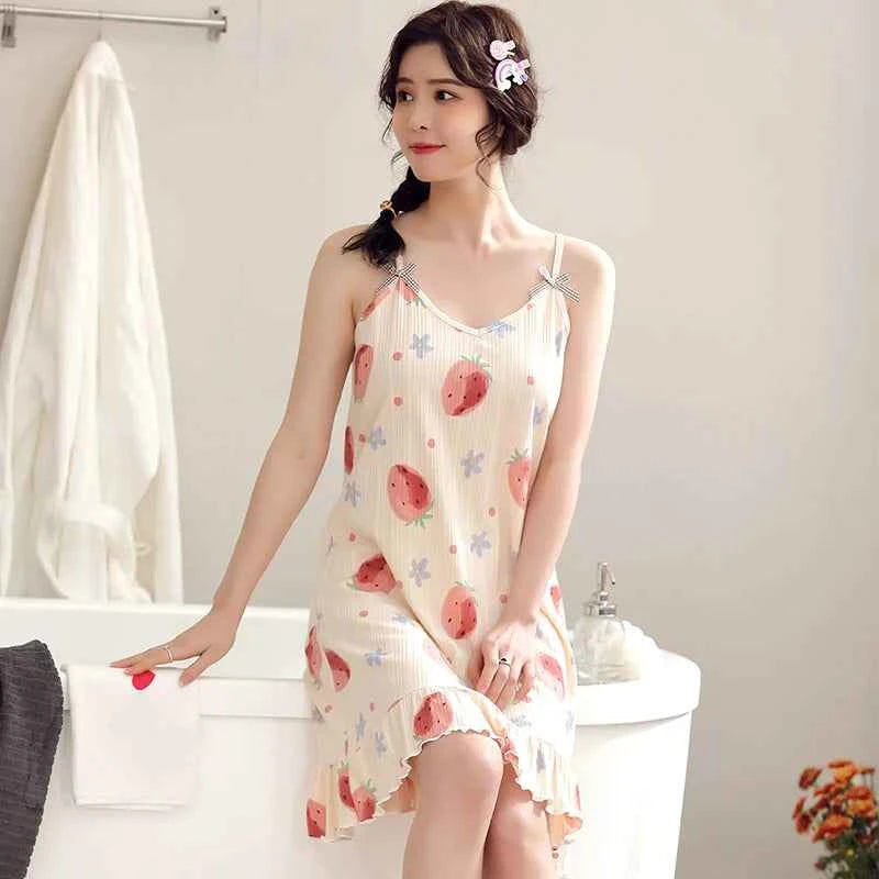 Big Yards 5XL Young Girls Cotton Nightgown Sexy Spaghetti Strap Night Dress Lady V-Neck Nighties Sleeveless Sleepwear Nightwear