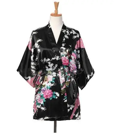 Lace Up Woman Peacock Print Japanese Kimono Yukata Silk Satin Short Style Sleepwear Home Nightgown Bath Robe Costume - AMULET RING STORE