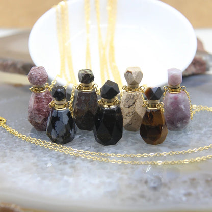 Natural Obsidian Faceted Perfume Bottle Pendants Necklaces,Pink Tourmaline Quartz Essential Oil Diffuser Vial Charms Jewelry - AMULET RING STORE