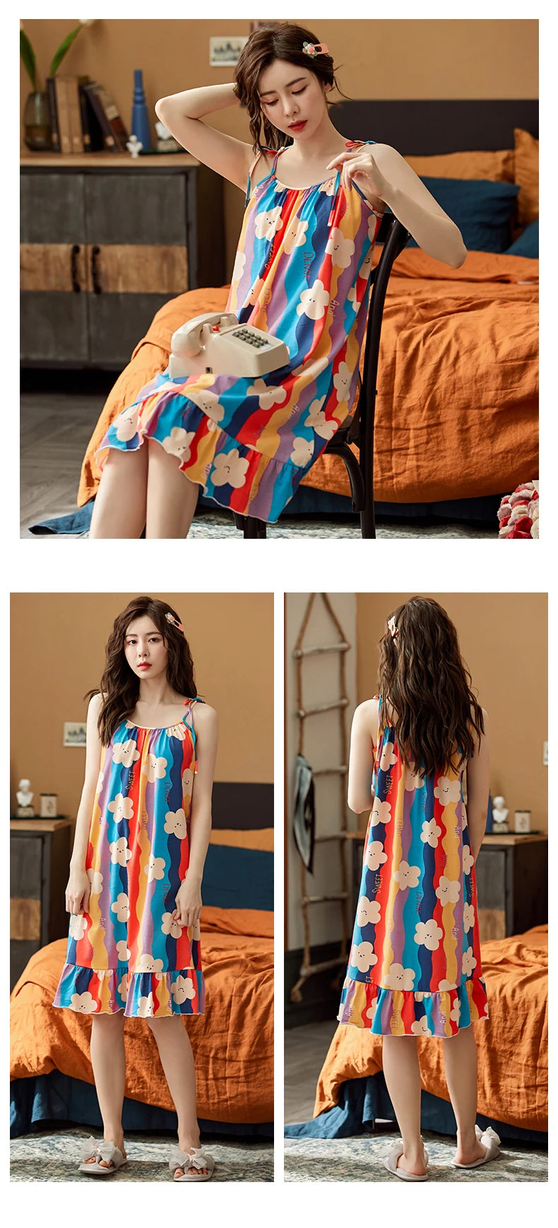 Women Nightgowns Cotton Night Dress Sexy Spaghetti Strap V-Neck Casual Home Dress Night Shirt Floral Print Sleepwear Nightwear - AMULET RING STORE