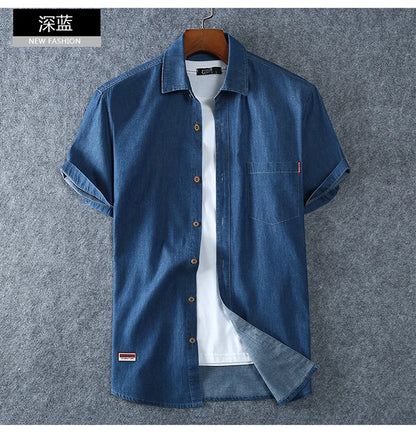 Men's Blue Denim Shirts Short Sleeve Jean Shirts New Summer High Quality Men Cotton Light Blue Denim Shirts Plus size L-8XL