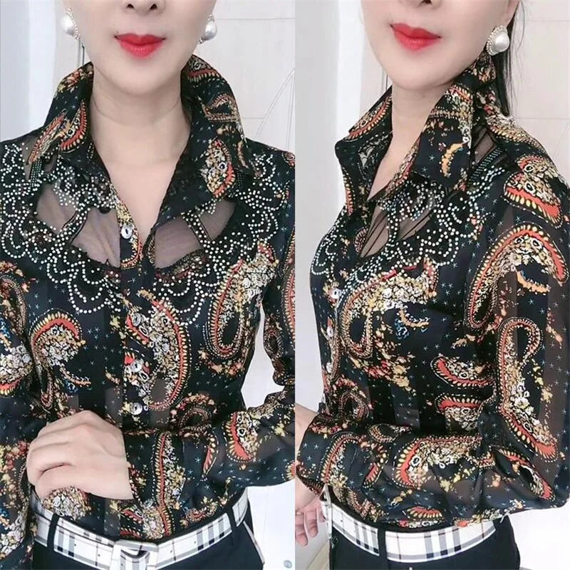 Trendy Streetwear Offce Women Blouses Hot drill Mesh Chiffon Shirts Long sleeve Lapel Buttons Female Blusas Tops Casual Shirts