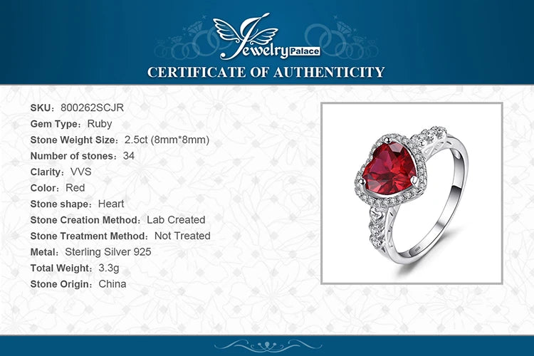 JewelryPalace Heart Love 2.5ct Created Red Ruby 925 Sterling Silver Ring for Women Gemstone Jewelry