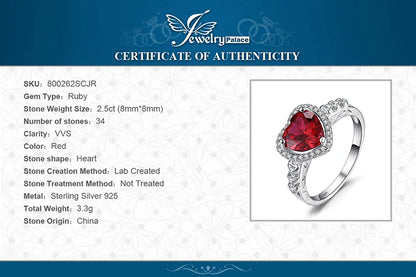 JewelryPalace Heart Love 2.5ct Created Red Ruby 925 Sterling Silver Ring for Women Gemstone Jewelry