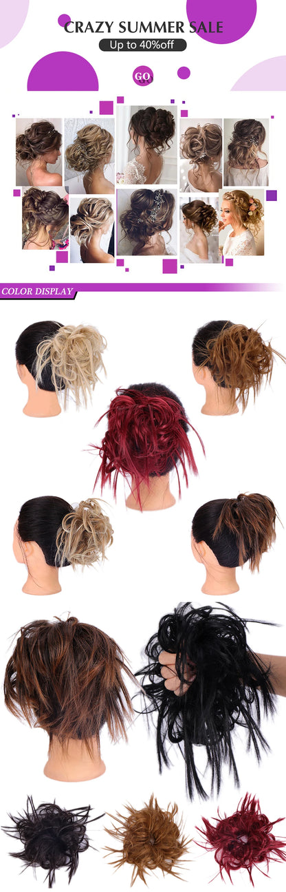 XIYUE Synthetic Messy Hair Bun Tousled Hairpiece Elastic Band Chignon Curly Scrunchie Updo Cover Hair Tail for Women Pink - AMULET RING STORE