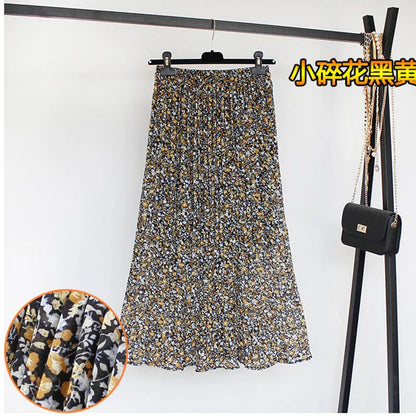 Women Summer Boho Chiffon Long Skirt Elegant Floral Print Pleated Skirts Elastic High Waist Casual Midi Skirt Women Clothes 2021