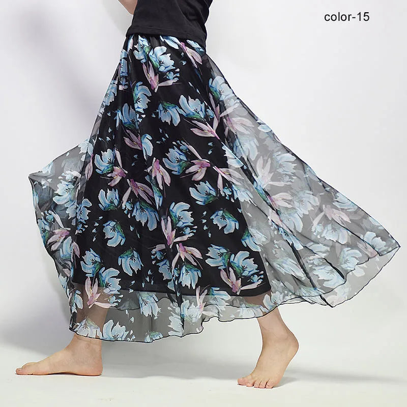 New Fashion 2025 Women's BOHO Elegant Florals Print Chiffon Long Skirt Ladies Slim High-Waist Elastic Waist Pleated Skirts SK15