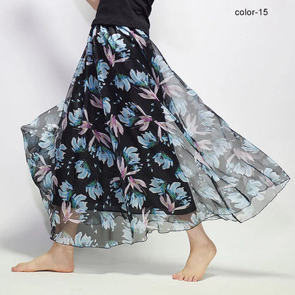 New Fashion 2025 Women's BOHO Elegant Florals Print Chiffon Long Skirt Ladies Slim High-Waist Elastic Waist Pleated Skirts SK15