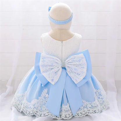 Newborn Long Sleeve Baby Girl Dresses Party Wedding Girl Lace Big Bow Dresses Infant Girl 1st Birthday Princess Baptism Dress