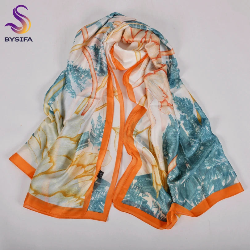 [BYSIFA] Navy Blue Chinese Roses Women Scarves Fall Winter Utrlong Top Grade Brand Trendy Silk Letters Long Scarf Shawl Wrap - AMULET RING STORE